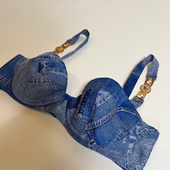 Fendace Fendi Versace Denim Bra Bustier Bralette Blue Patchwork Buckle Crop Top - Picture 10 of 11